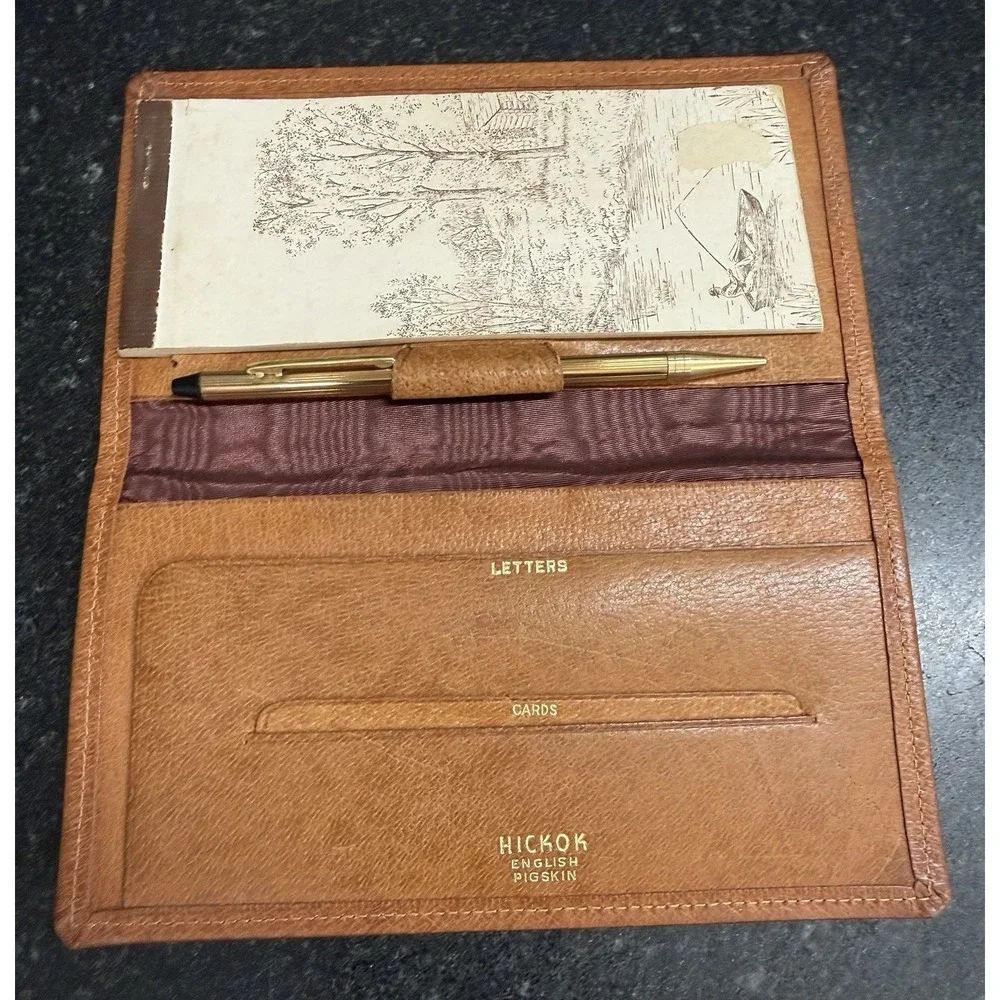 Hickok English Pigskin Leather Letter & Card Wallet Organizer w/ Perline USA Pen